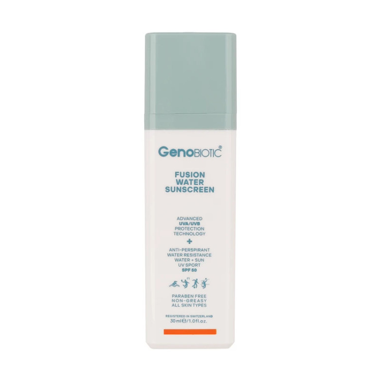 کرم ضدآفتاب بیرنگ ژنوبایوتیک مدل Fusion water حجم 30 میلیلیتر با SPF 50، محافظتکننده در برابر اشعه UVA و UVB، ضد آب، فاقد چربی، حاوی ویتامین E و هیالورونیک اسید مناسب انواع پوست و مقاوم در برابر تعریق